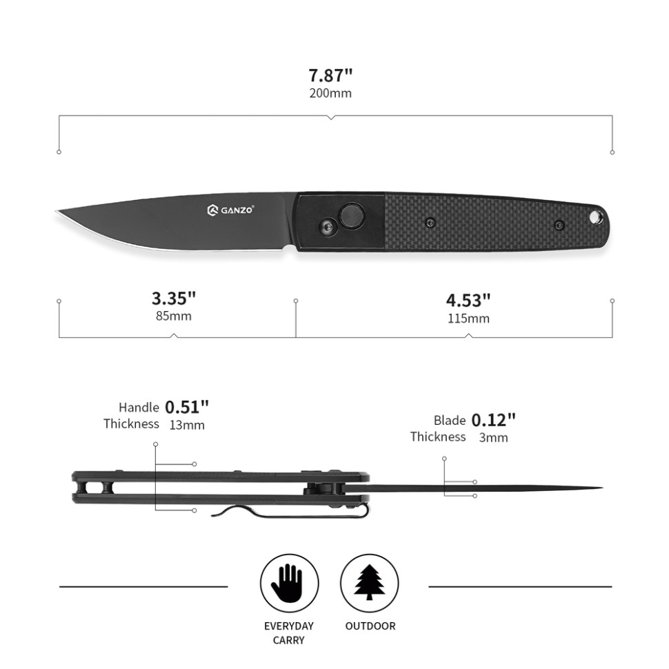 Ніж складаний туристичний Ganzo G721В (8.5 см) 440C / G10 чорний, чорний клинок