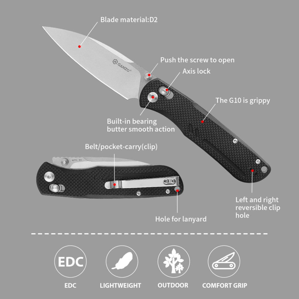 Ніж складаний туристичний Ganzo G771 (8.8 см) D2 / G10 чорний
