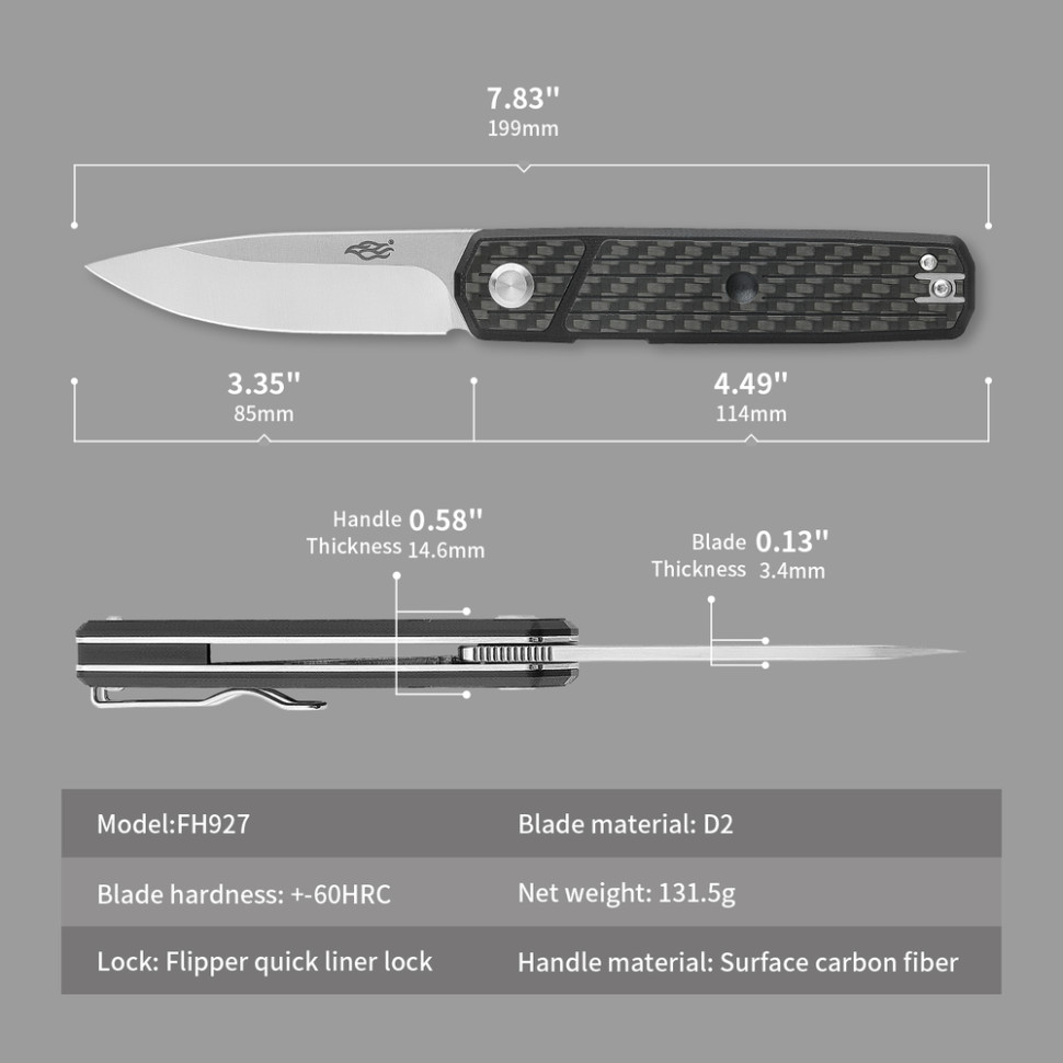 Ніж туристичний Firebird FH927 (8.5 см) D2 / G10 & карбон чорний
