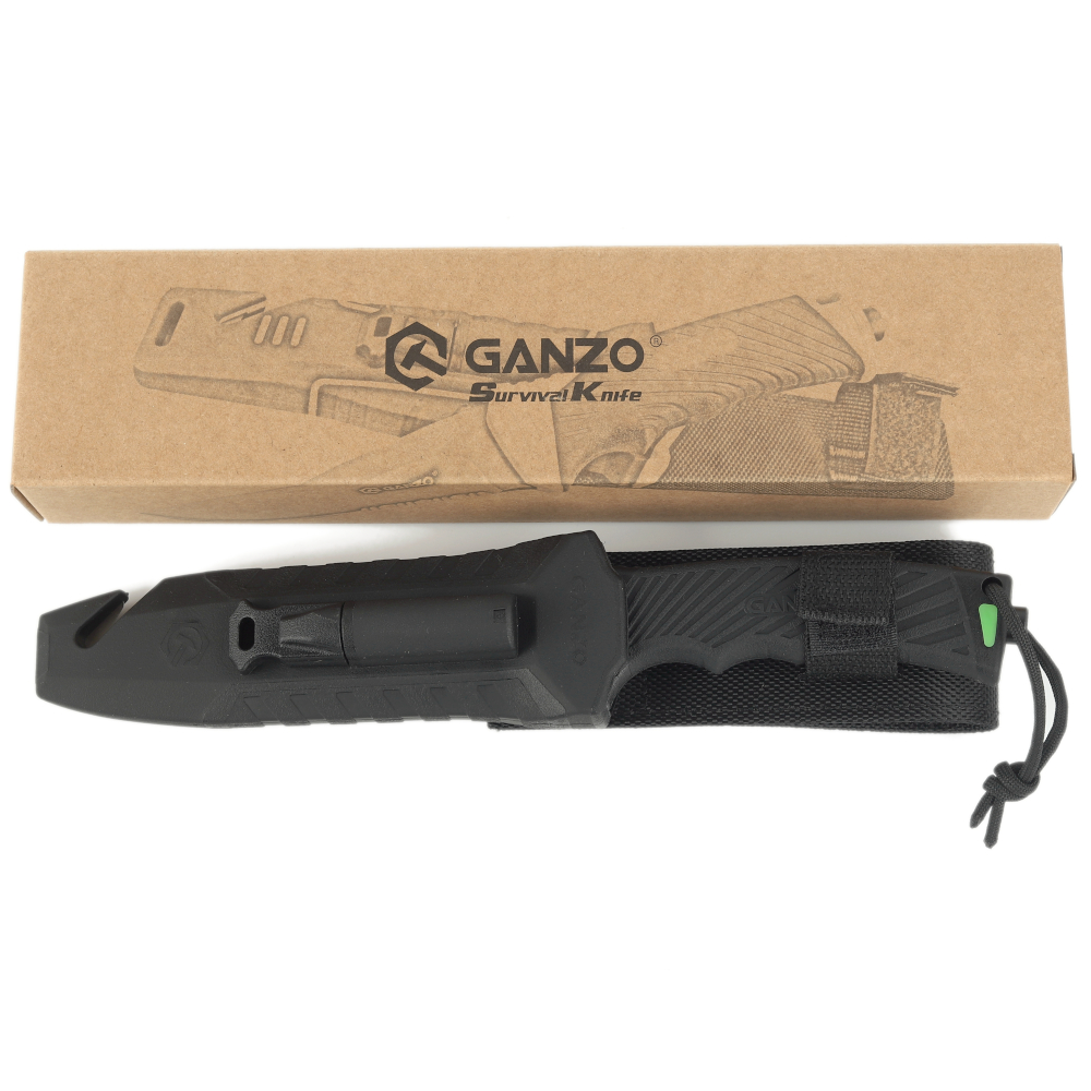 Ніж фіксований мисливський Ganzo G8012V2 (11.3 см) 8CR13 / ABS чорний з чохлом 4 в 1