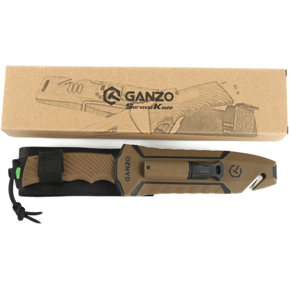 Ніж фіксований мисливський Ganzo G8012V2 (11.3 см) 8CR13 / ABS коричневий з чохлом 4 в 1