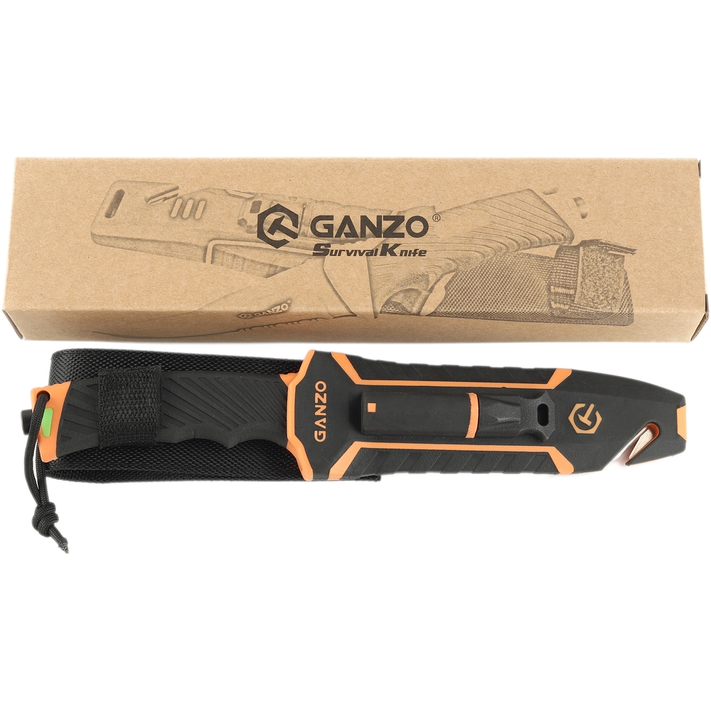 Ніж фіксований мисливський Ganzo G8012V2 (11.3 см) 8CR13 / ABS помаранчевий з чохлом 4 в 1
